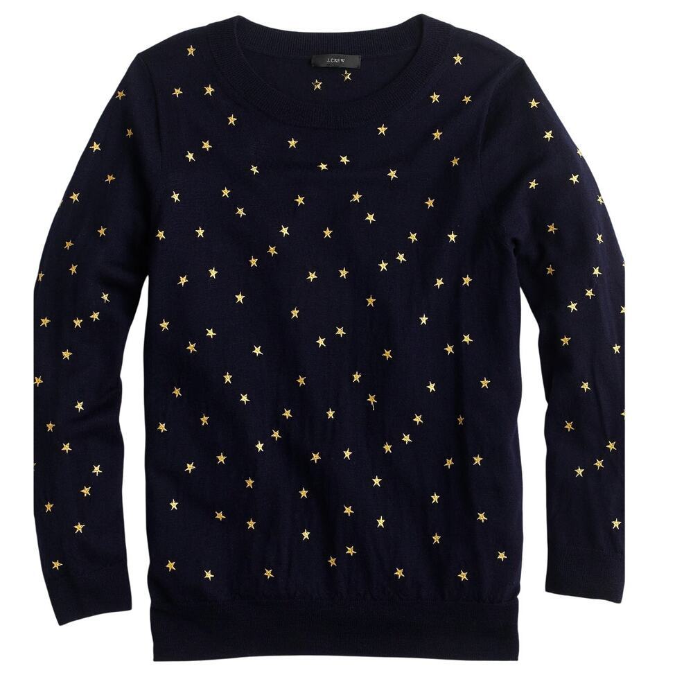 J.Crew Tippi Merino Wool Sweater Embroidered Gold Stars Navy Size Small